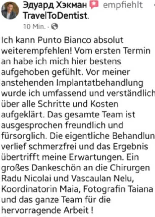 Der deutsche Patient empfiehlt die Klinik mit voller Überzeugung weiter.