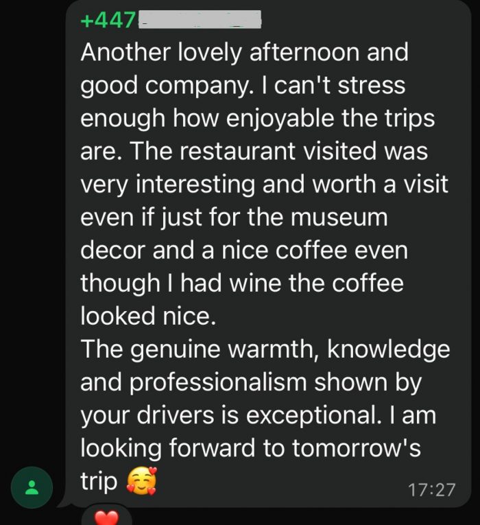 The patient, who is very satisfied with her excursion and the places she visited, thanks the clinic’s driver for his professionalism.