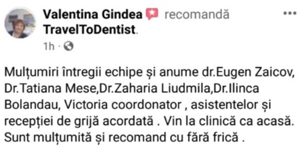 pacienta multumeste medicilor si coordonatorului pentru asistenta si recomanda clinica Punto Bianco cu incredere